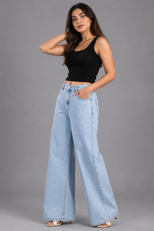 High-Waisted Light Blue Wide Leg Baggy Jeans