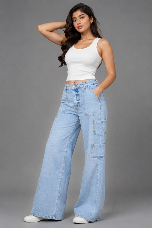 High Waist Wide Leg Cargo Jeans Light Wash denim