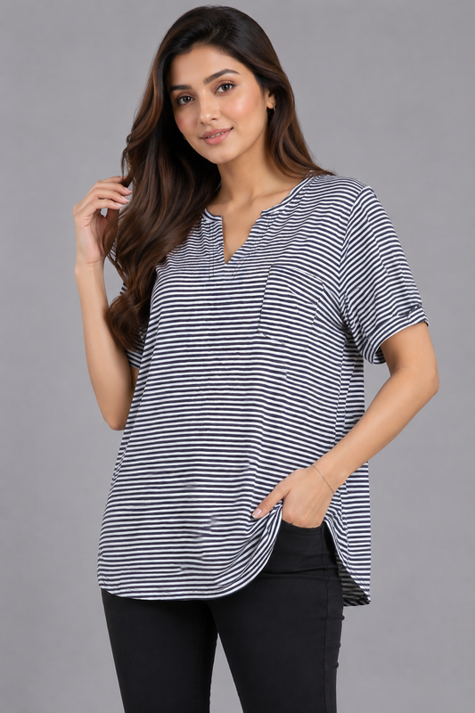 Fine Striped V-Neck T-Shirt – Relaxed Fit