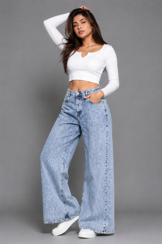Retro Acid Wash High Waist Wide-Leg Denim Jeans
