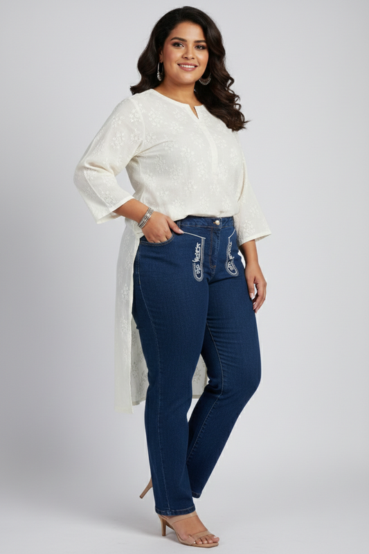 Embroidered High Rise Straight Leg Jeans