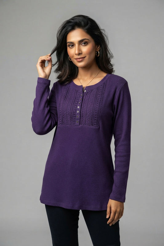 Rich Purple Ribbed Long-Sleeve Henley Top with Lace & Button Details