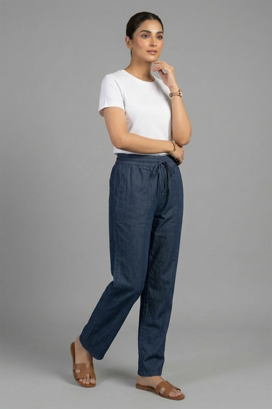 Women’s Relaxed Chambray Drawstring Pants – Lightweight Dark Wash Denim Style