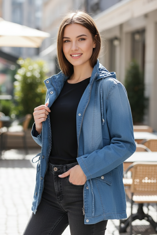 Women's Mid-Wash Denim Utility Jacket with Drawstring Hood
