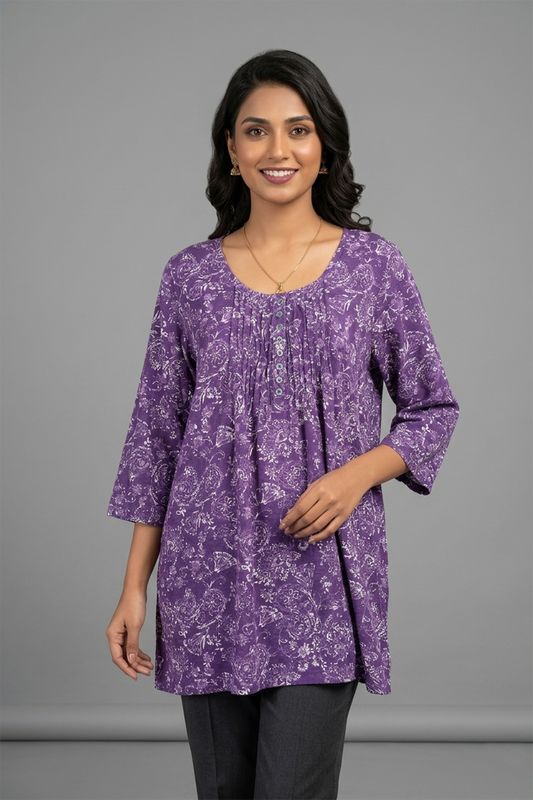 Floral Pleated Tunic in Deep Plum