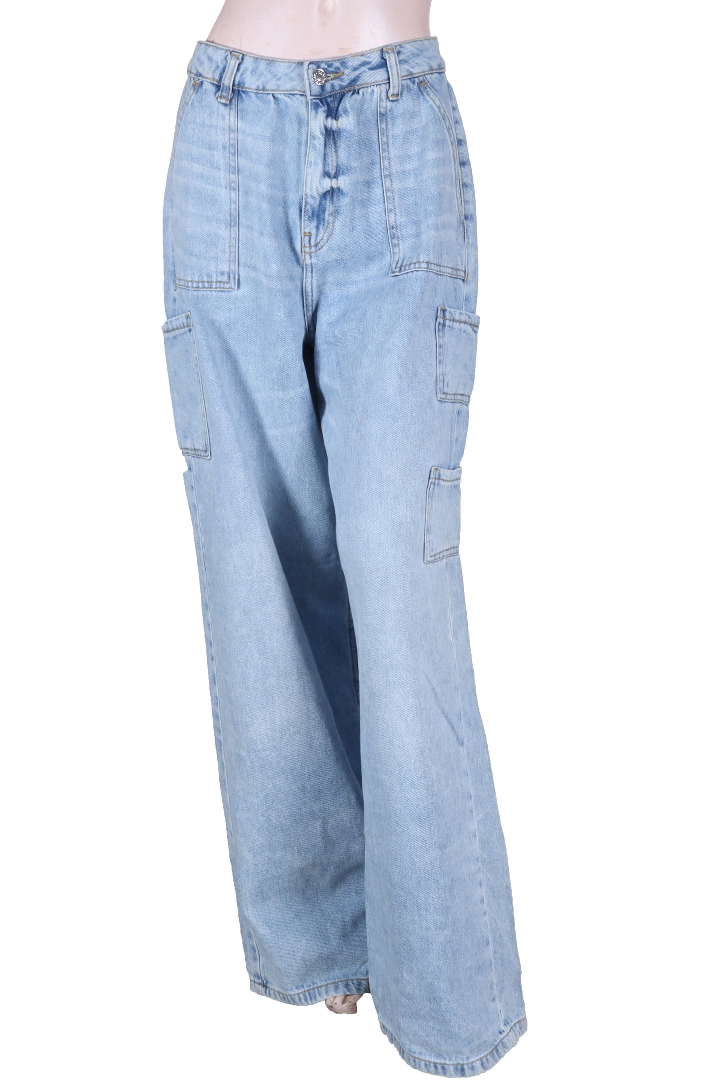 High-Waist Wide Leg Cargo Jeans – Light Wash