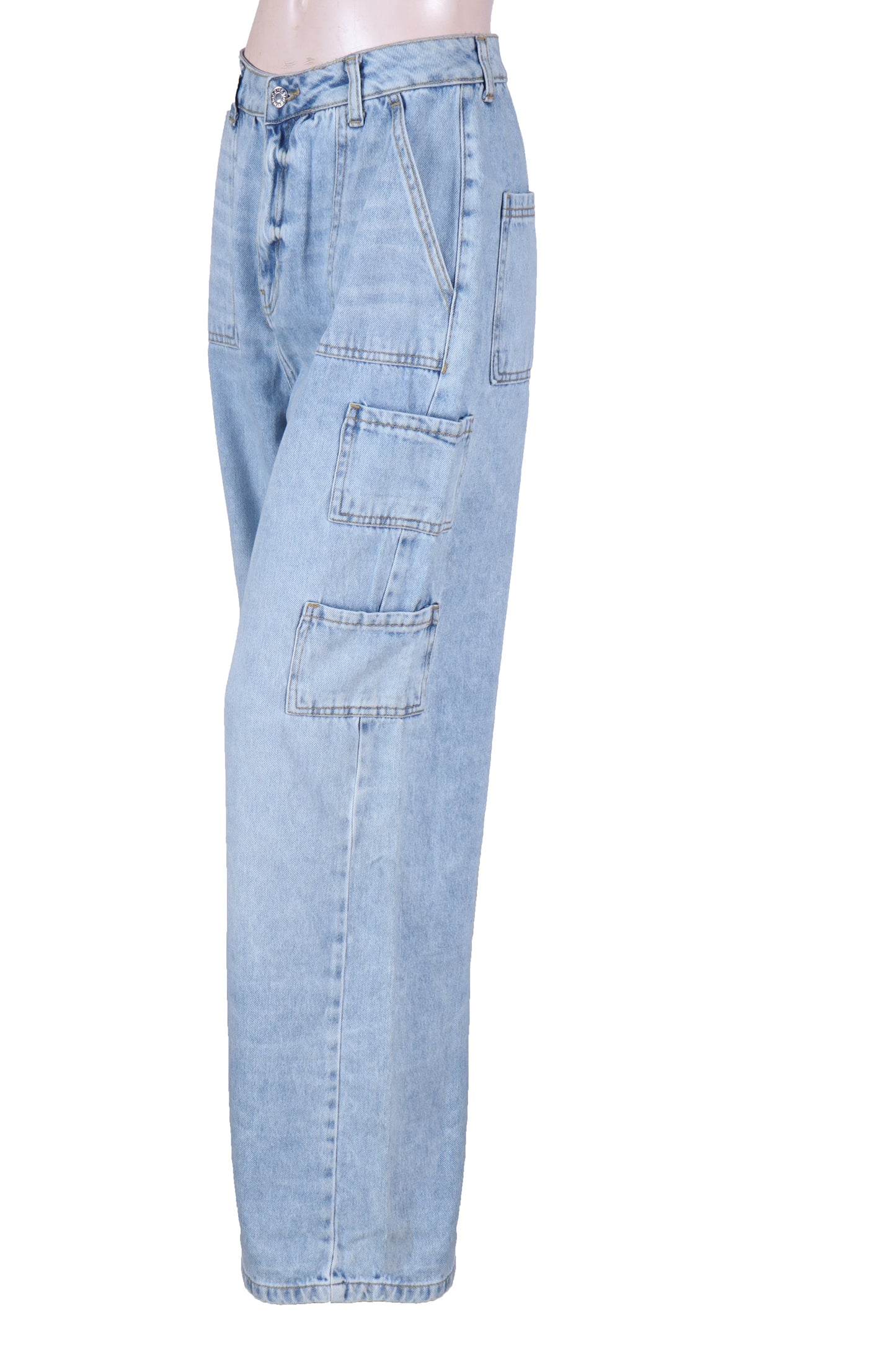 High-Waist Wide Leg Cargo Jeans – Light Wash