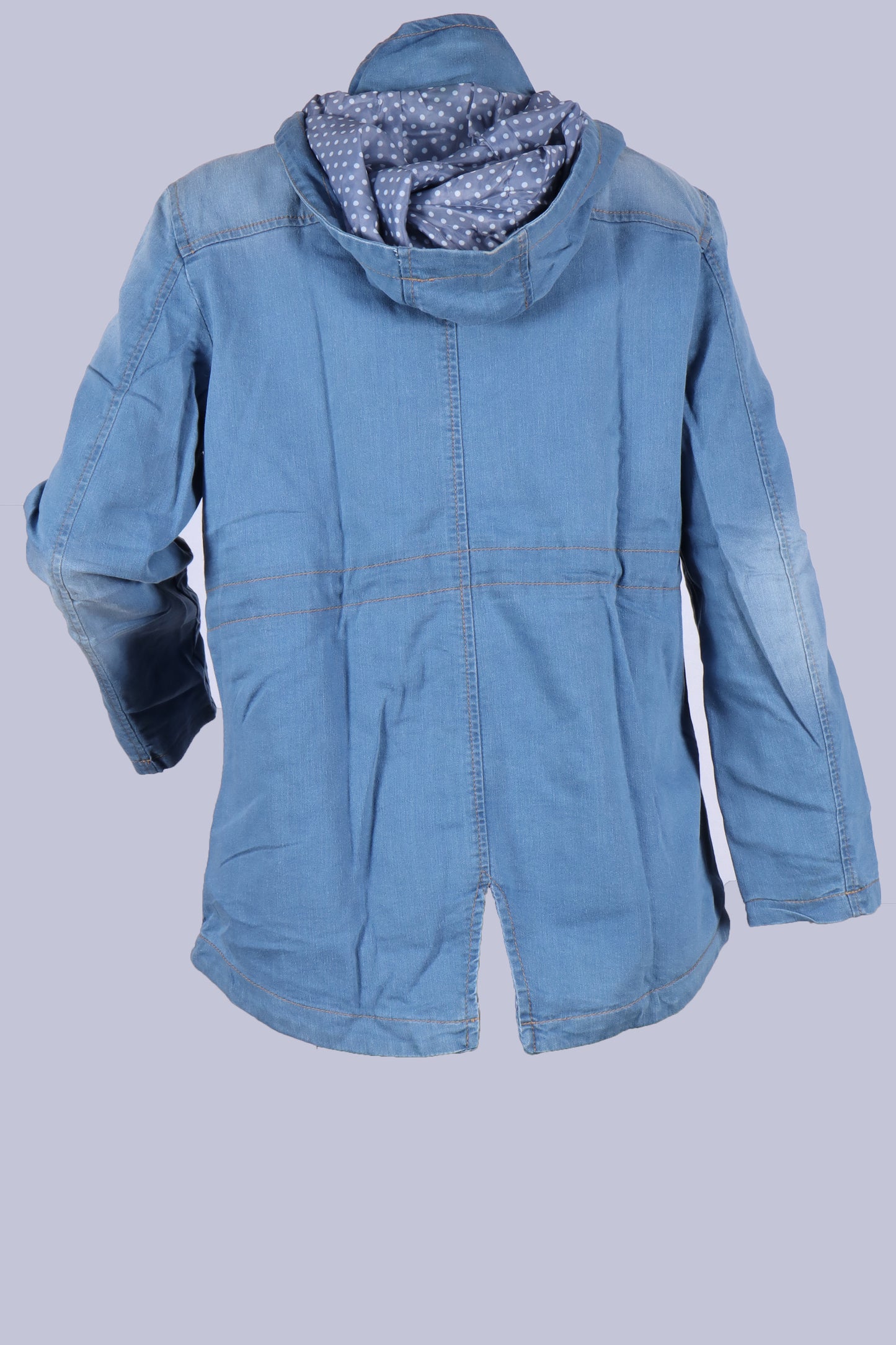 Women's Mid-Wash Denim Utility Jacket with Drawstring Hood