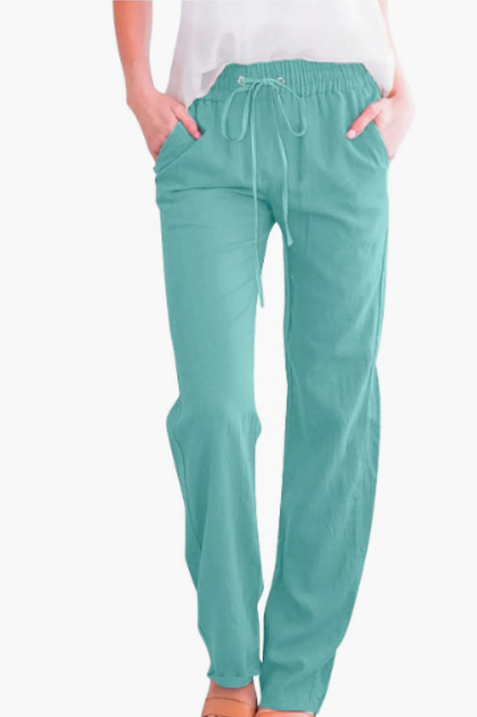 Women’s Aqua Blue Cotton Drawstring Pants – Relaxed Fit