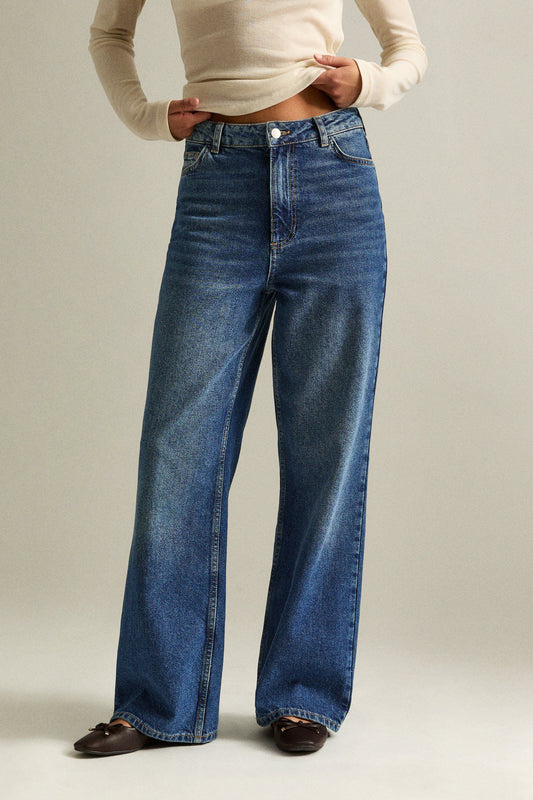 High-Waist Wide Leg Stone Wash Jeans
