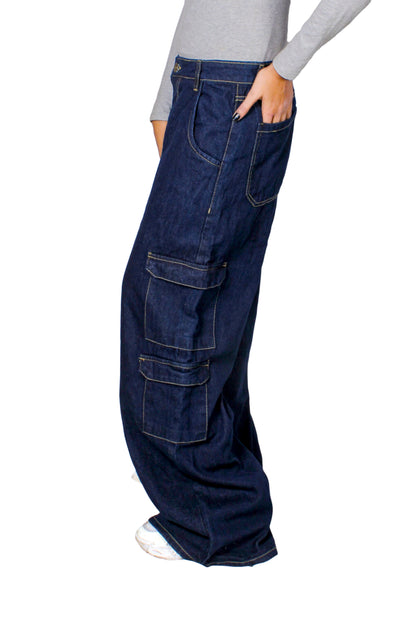 High Waist Wide Leg Cargo Style Denim