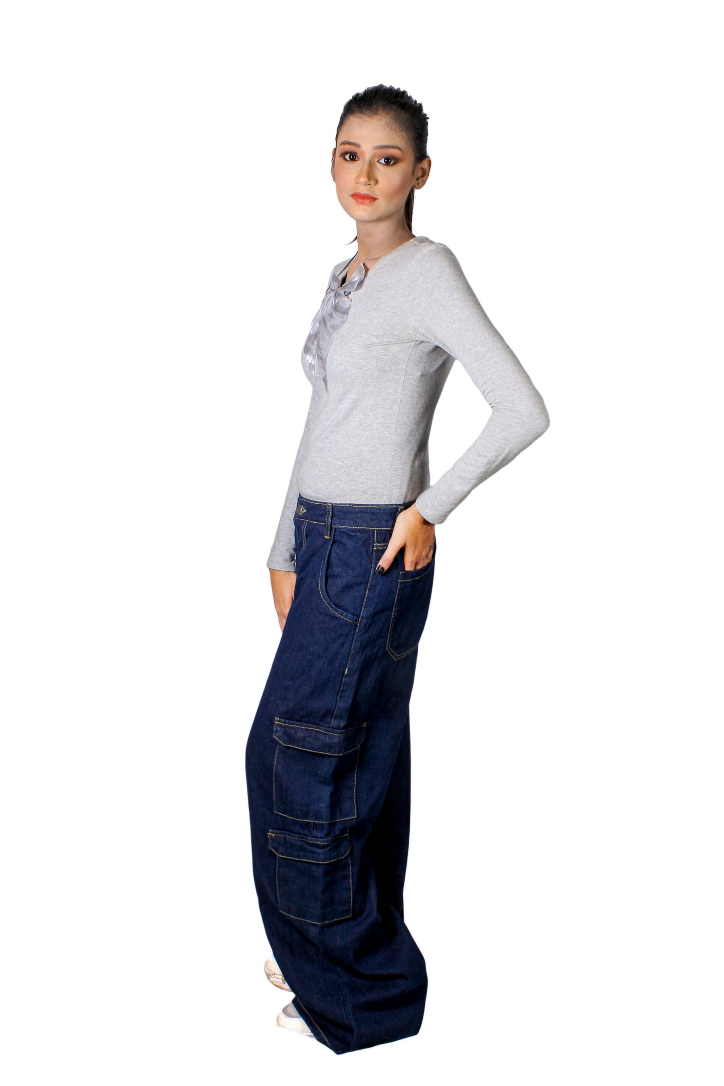 High Waist Wide Leg Cargo Style Denim