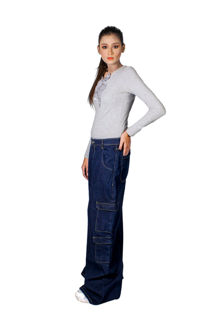 High Waist Wide Leg Cargo Style Denim