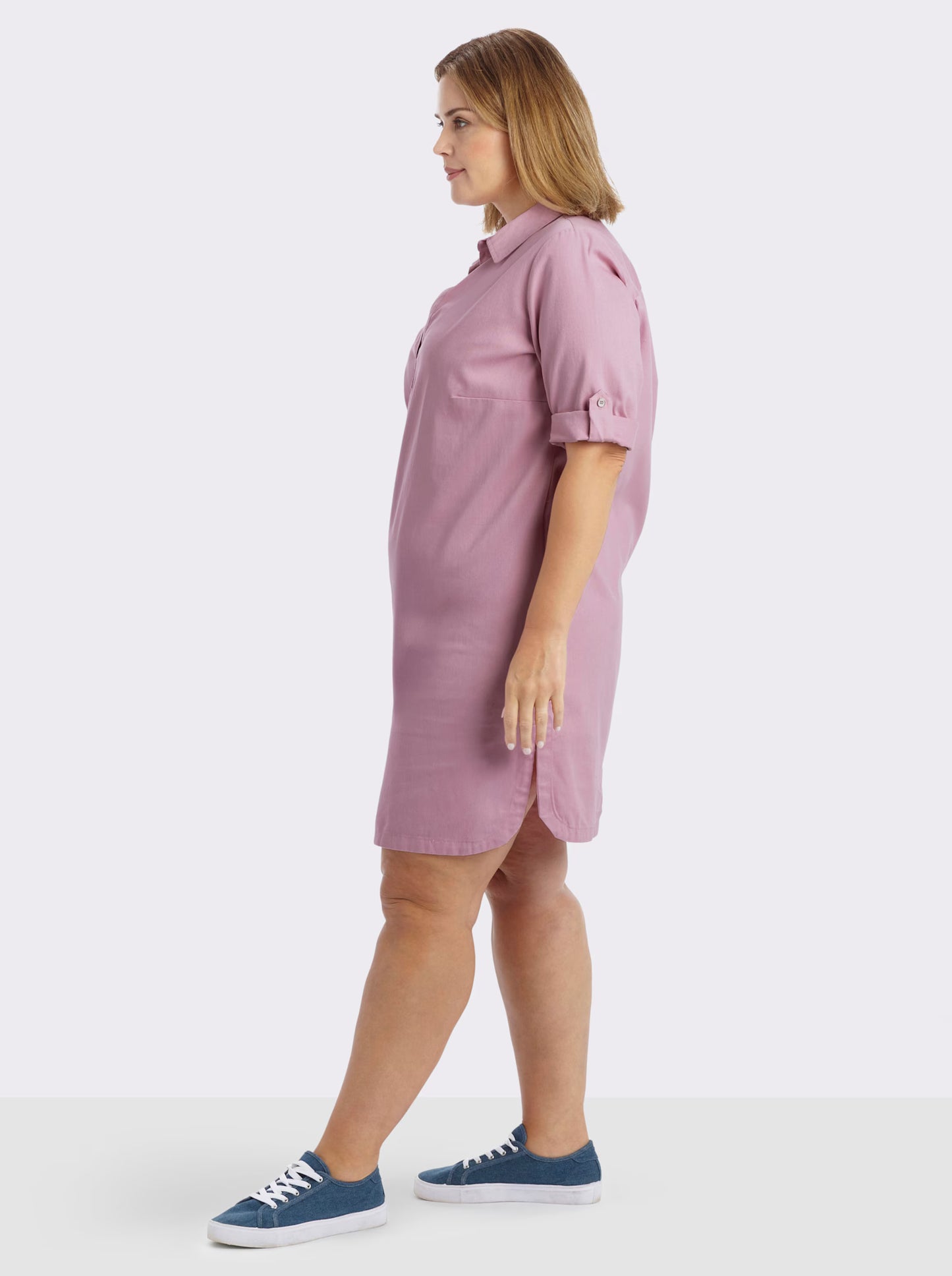 Sheegos's Women's Solid Pink Collared Tunic Top with Roll-Up Sleeves Denim