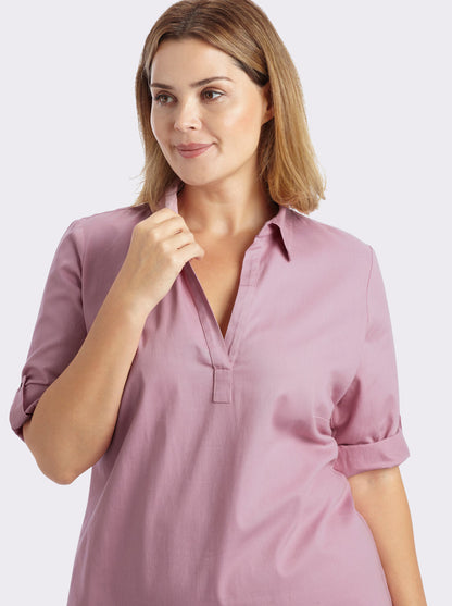 Sheegos's Women's Solid Pink Collared Tunic Top with Roll-Up Sleeves Denim