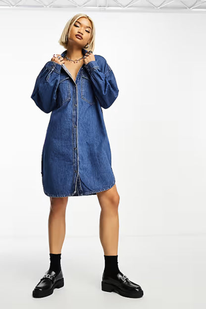 Oversized Denim Shirt Dress in Medium Wash