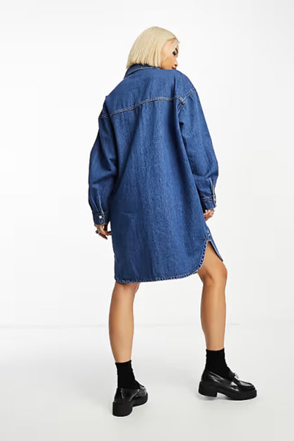 Oversized Denim Shirt Dress in Medium Wash
