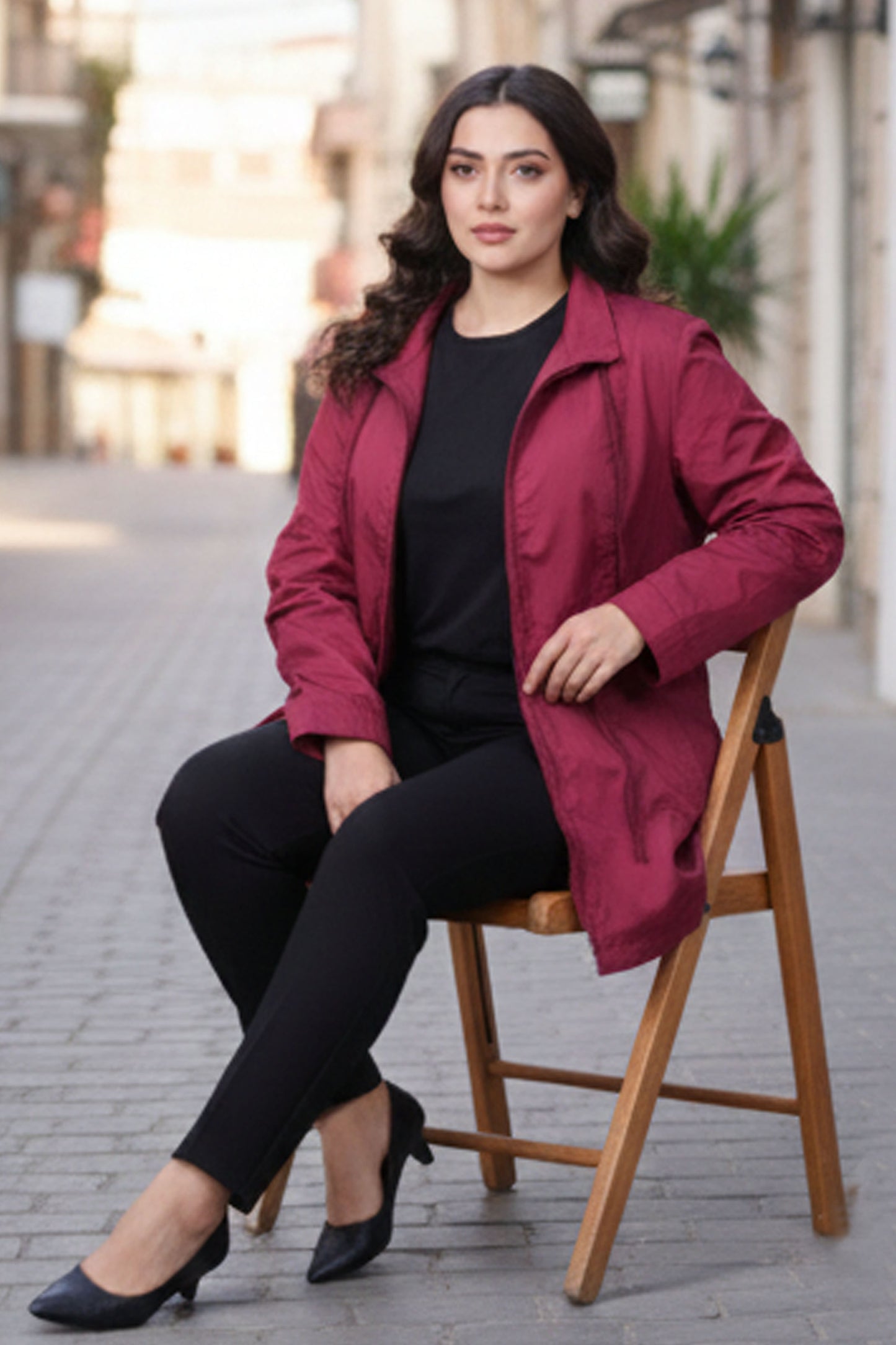 Ladies Premium Burgundy Utility Jacket with Adjustable Waist