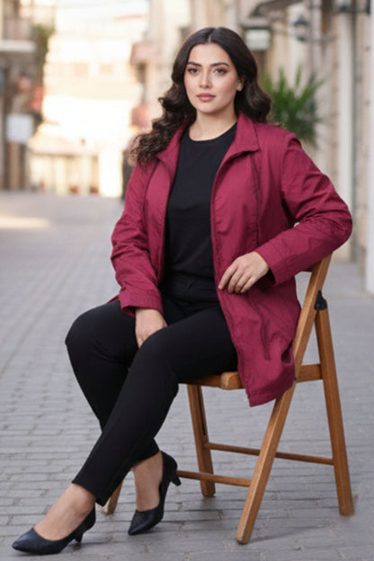 Ladies Premium Burgundy Utility Jacket with Adjustable Waist