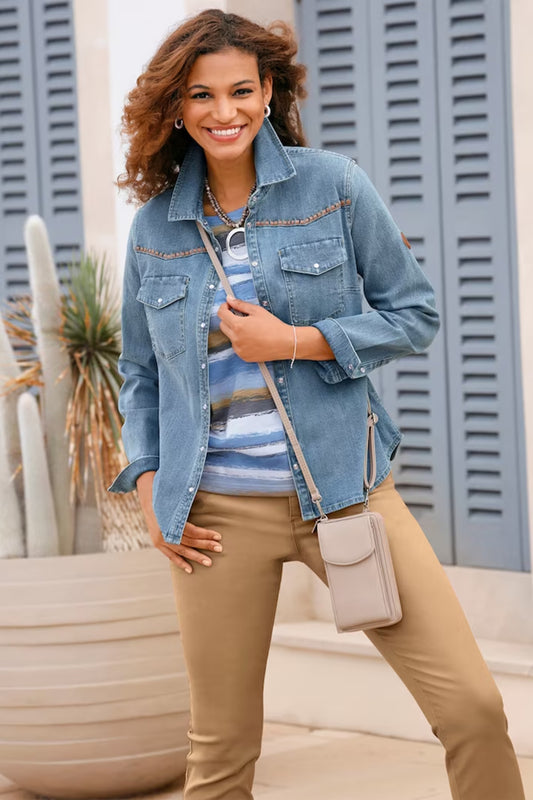 Denim button down blouse with decorative seams