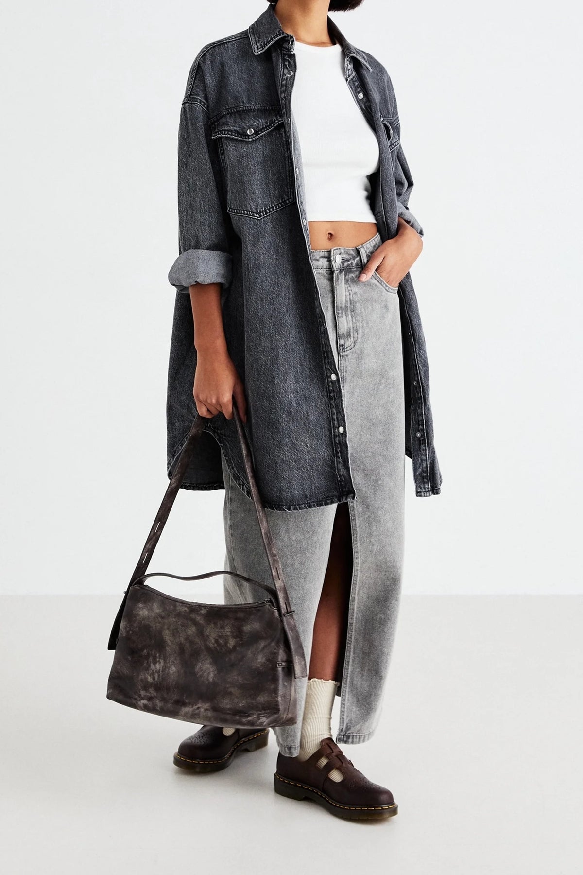 Longline Charcoal Grey Denim  Shirt