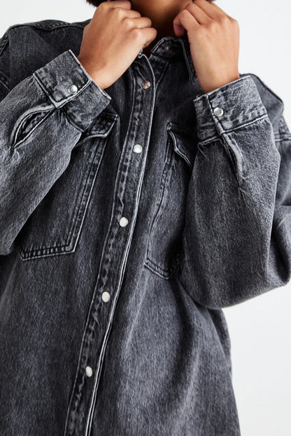 Longline Charcoal Grey Denim  Shirt