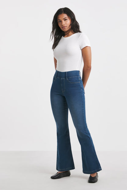 Stretch Flared Pull On Jeggings - Mid Wash