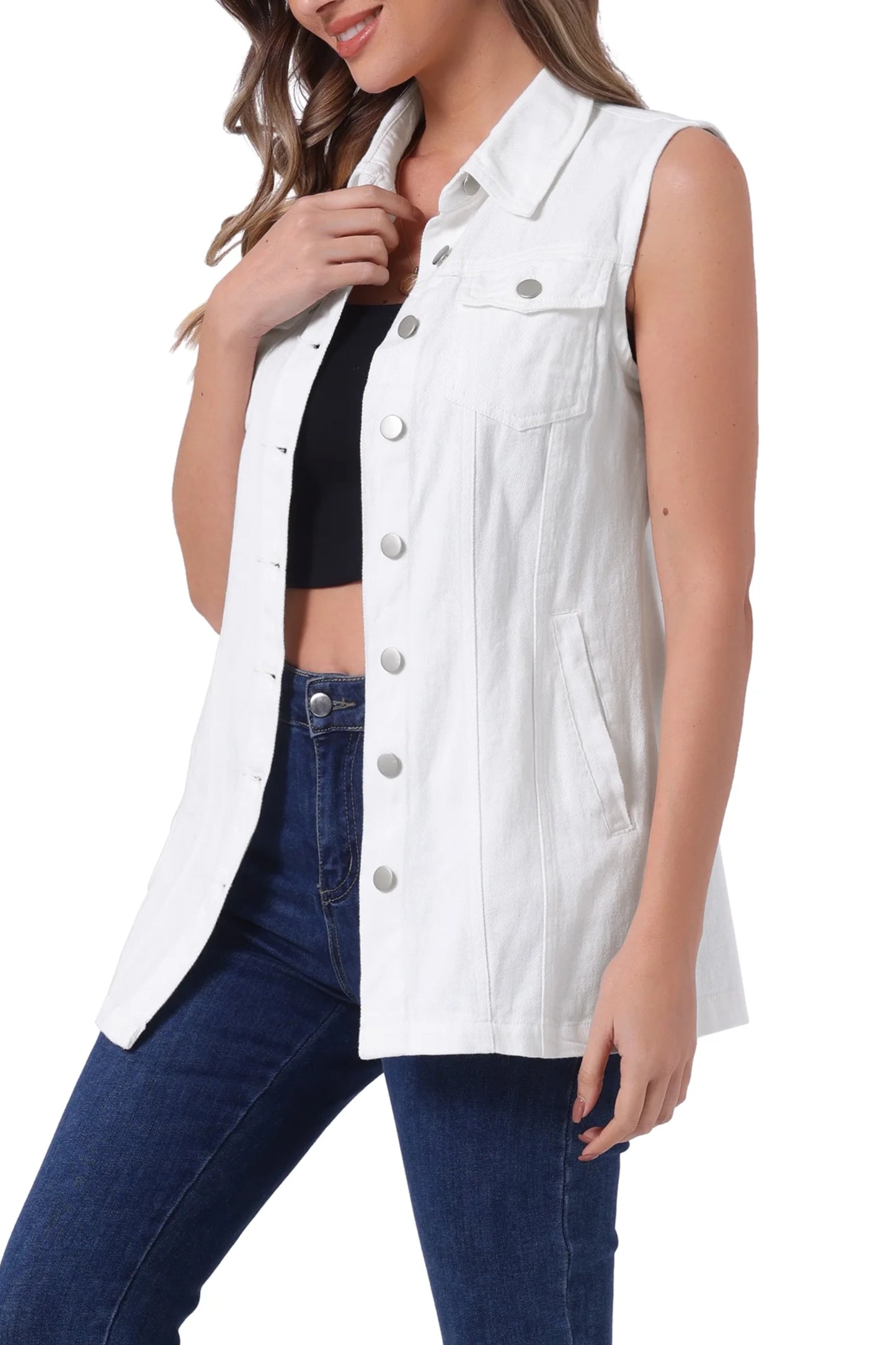 INSPIRE CHIC Women's Sleeveless Button Down Mid Length Casual with Pockets Denim Jean Vest L White