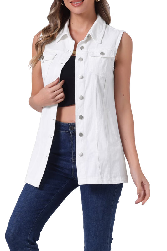 INSPIRE CHIC Women's Sleeveless Button Down Mid Length Casual with Pockets Denim Jean Vest L White