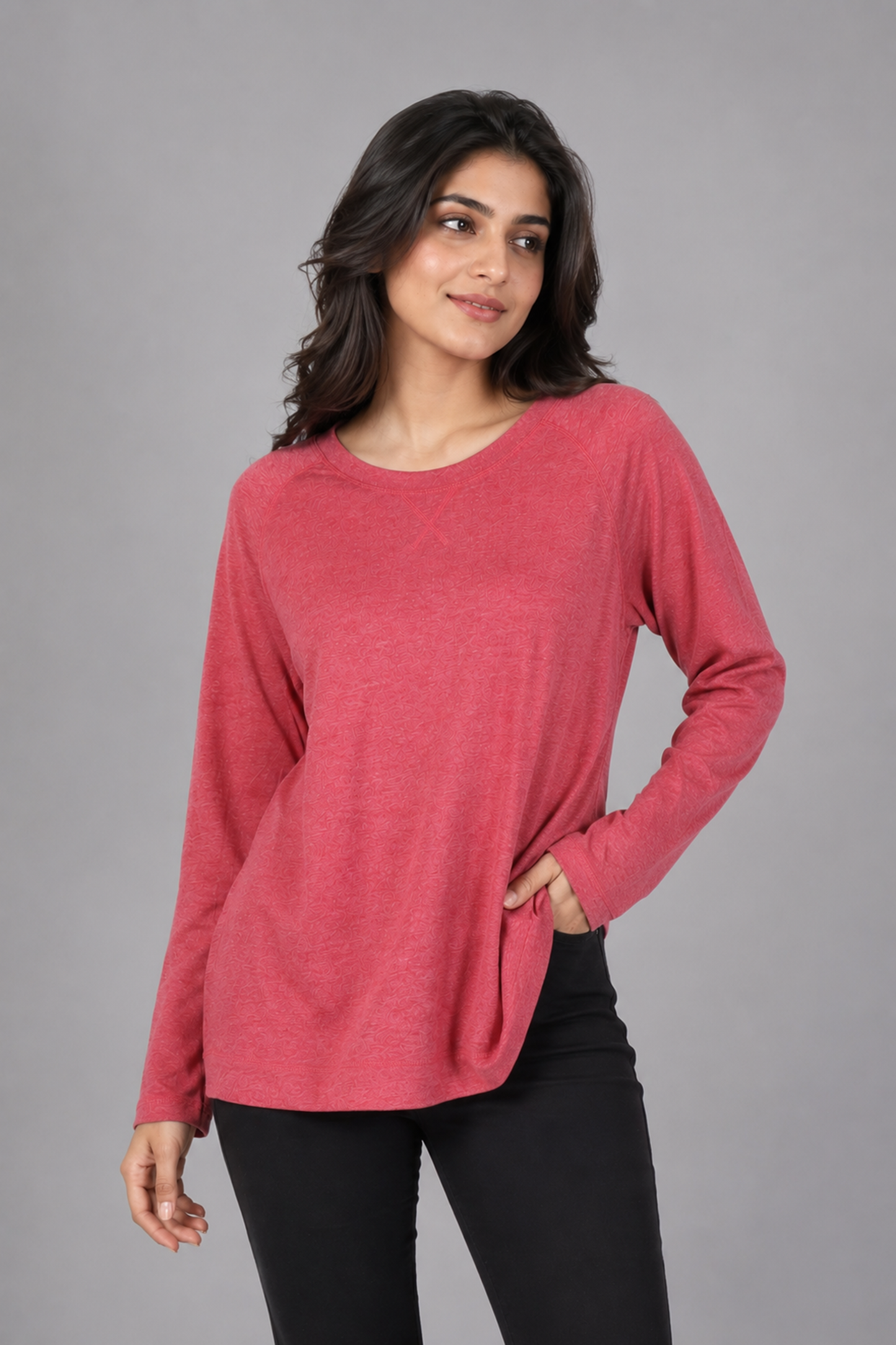 Jersey Knit Raglan Long-Sleeve Top – Coral Heather