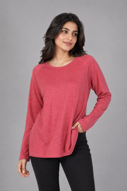 Jersey Knit Raglan Long-Sleeve Top – Coral Heather
