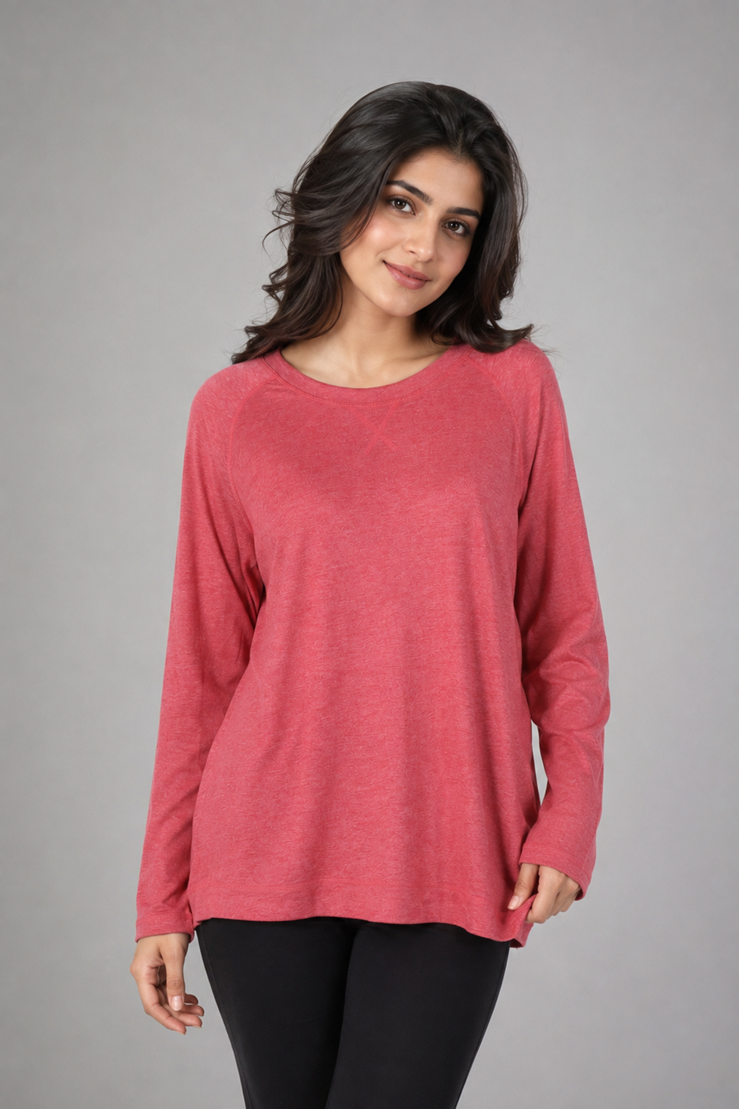 Jersey Knit Raglan Long-Sleeve Top – Coral Heather