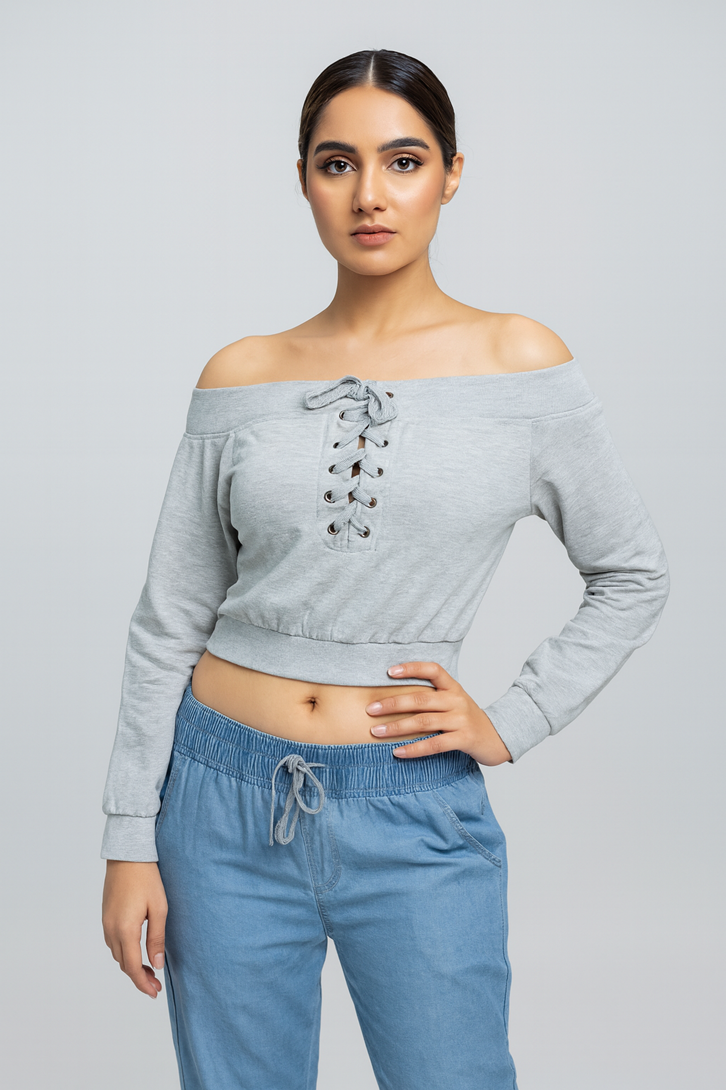 PTL Charcoal Crop Off-Shoulder Sweatshirt