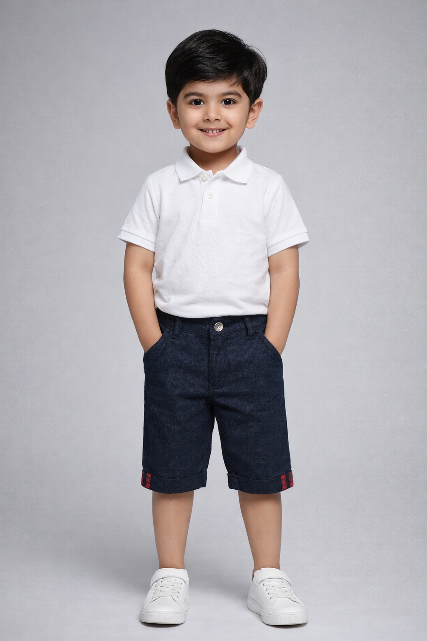 Boys’ Navy Blue Textured Shorts with Plaid Cuff