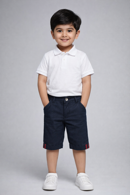Boys’ Navy Blue Textured Shorts with Plaid Cuff