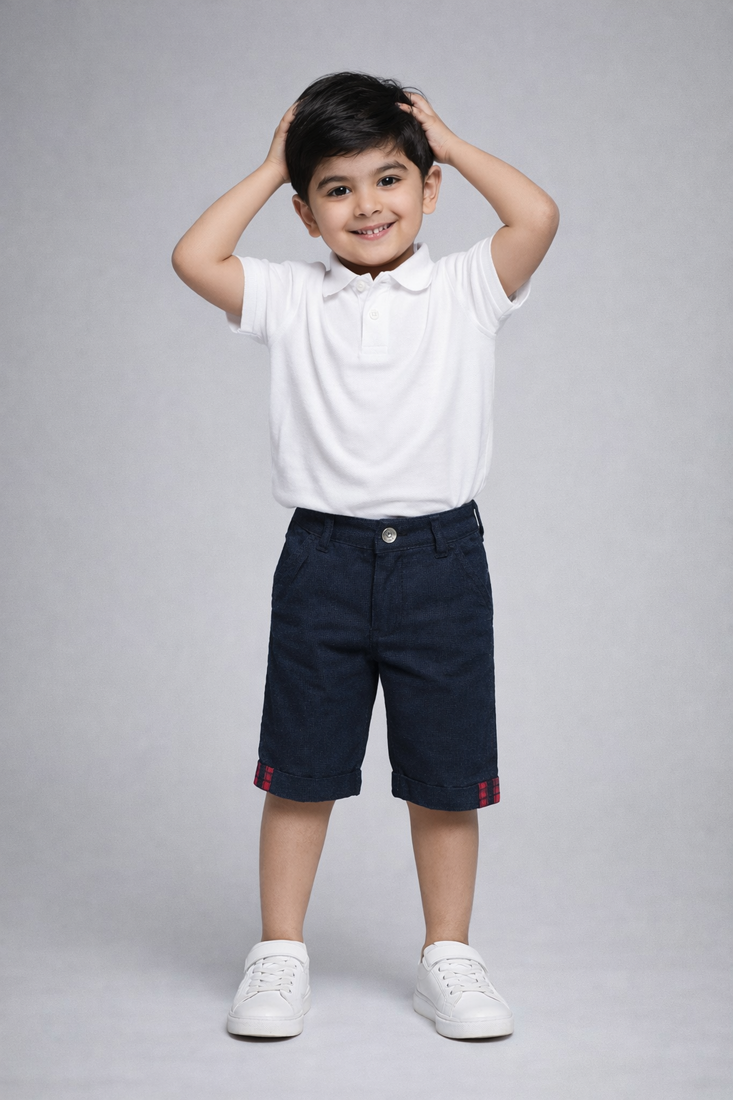 Boys’ Navy Blue Textured Shorts with Plaid Cuff