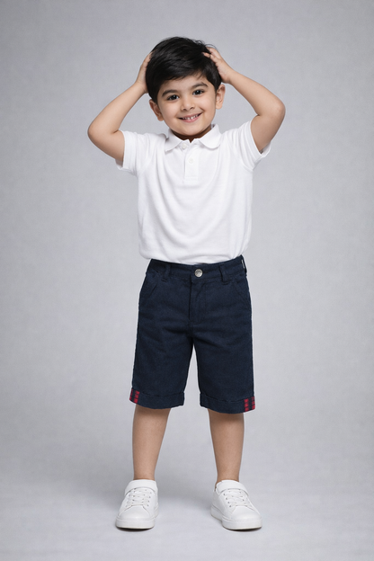 Boys’ Navy Blue Textured Shorts with Plaid Cuff