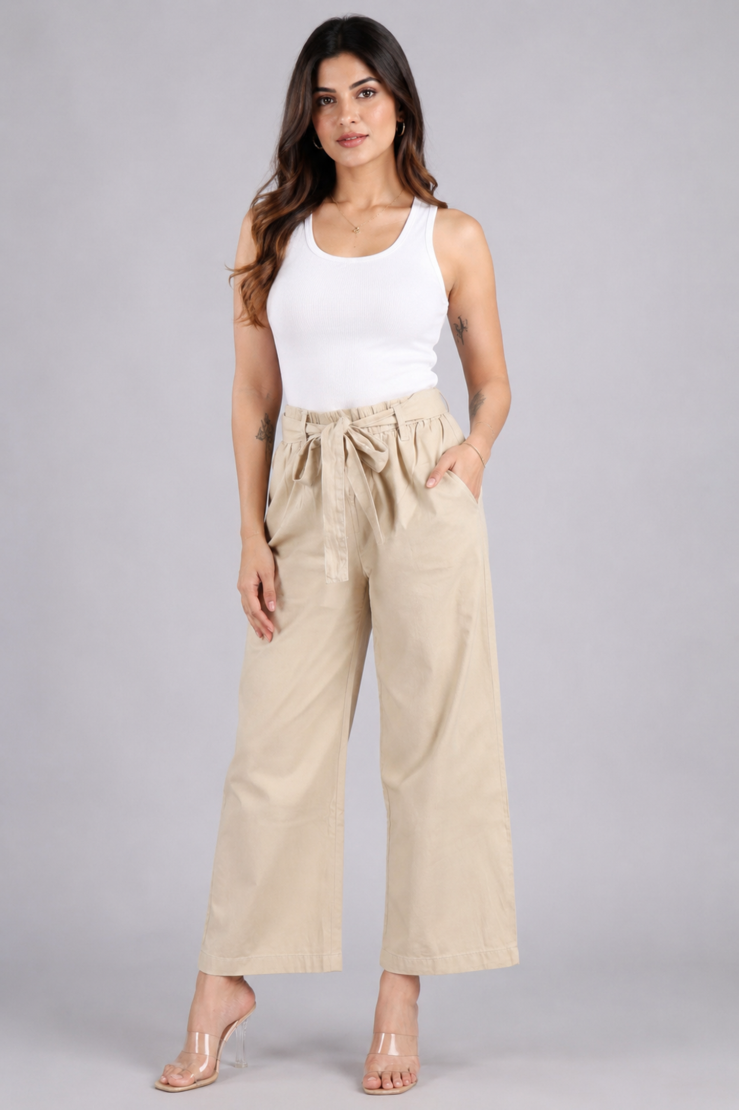 Women’s  Beige Wide-Leg Tie-Waist Trousers