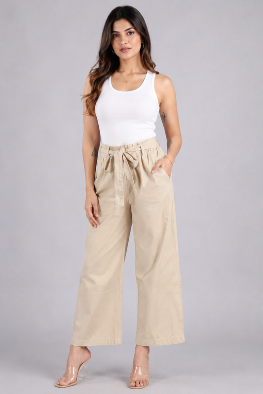 Women’s  Beige Wide-Leg Tie-Waist Trousers
