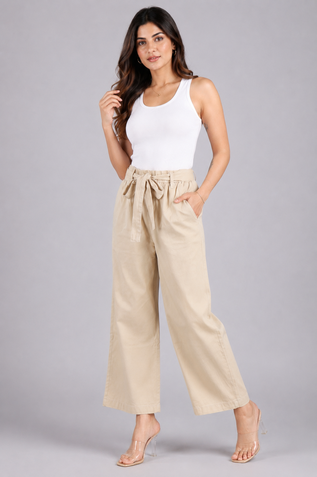 Women’s  Beige Wide-Leg Tie-Waist Trousers