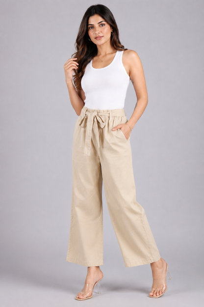 Women’s  Beige Wide-Leg Tie-Waist Trousers