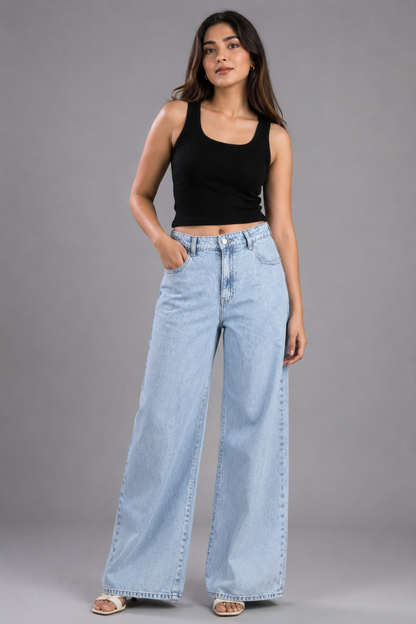 High-Waisted Light Blue Wide Leg Baggy Jeans