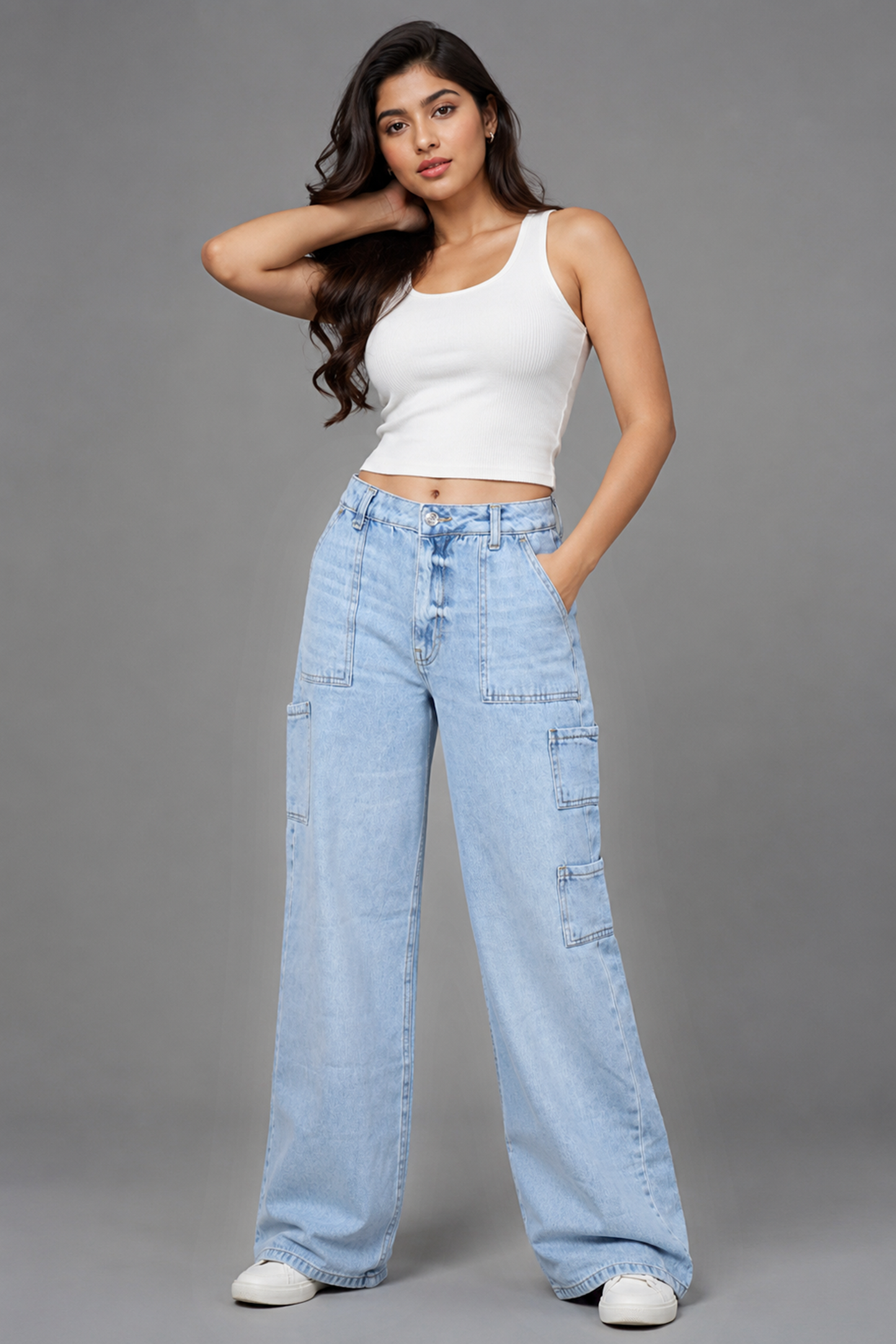 High Waist Wide Leg Cargo Jeans Light Wash denim