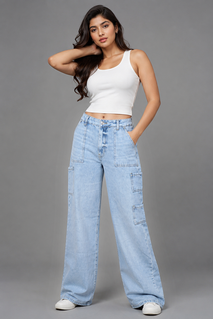 High Waist Wide Leg Cargo Jeans Light Wash denim