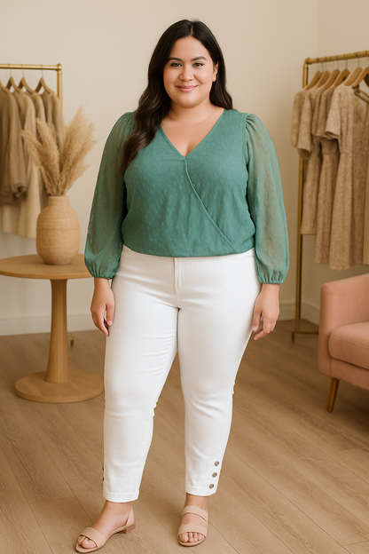 Women's Plus Size White Stretch Capri  Jegging with Button Detail