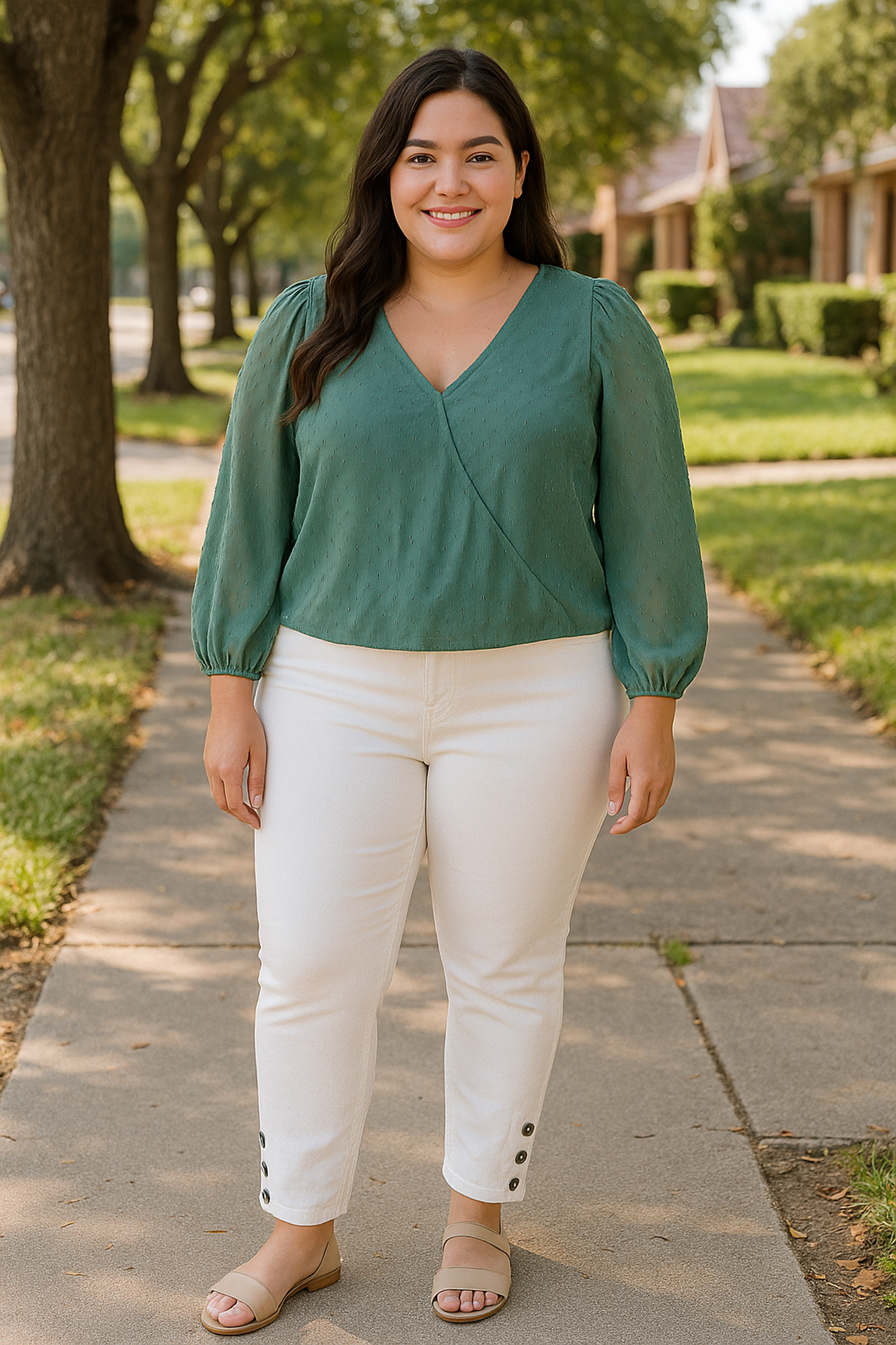 Women's Plus Size White Stretch Capri  Jegging with Button Detail