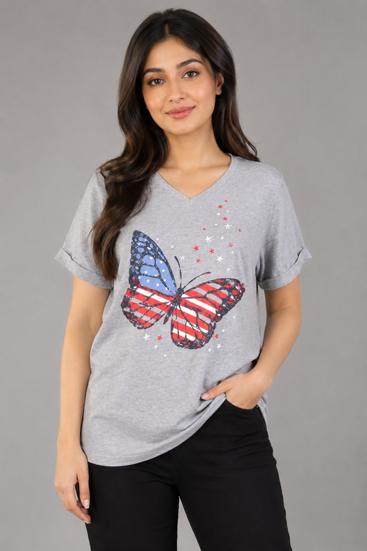 Women's Patriotic Butterfly V-Neck T-Shirt – Heather Grey