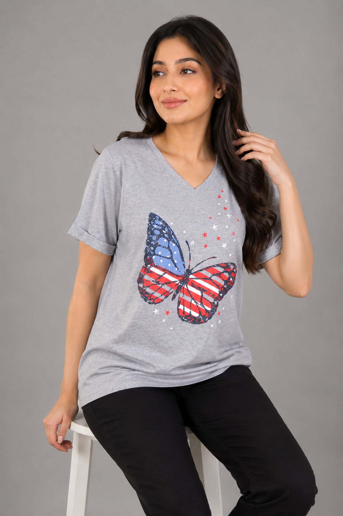 Women's Patriotic Butterfly V-Neck T-Shirt – Heather Grey
