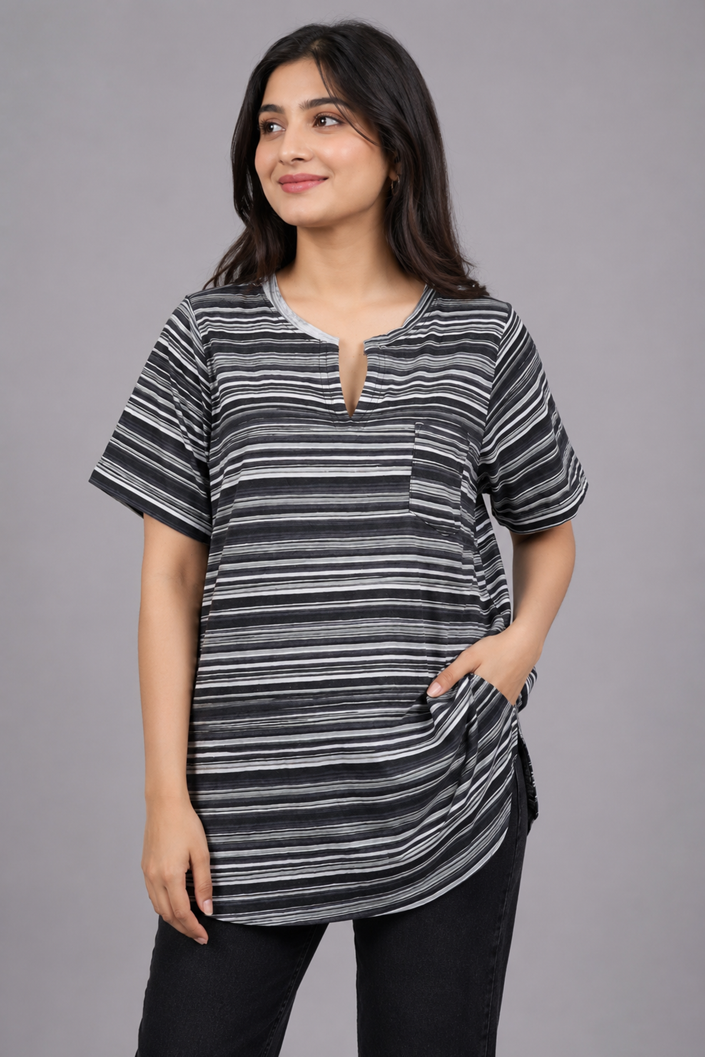 Women’s Striped Notch-Neck Pocket Tunic