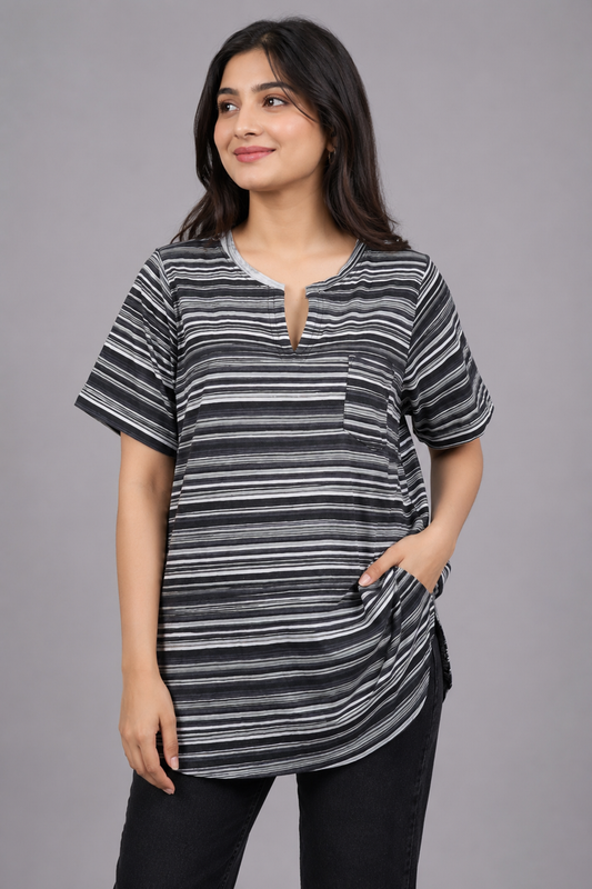 Women’s Striped Notch-Neck Pocket Tunic